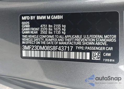 2025 BMW M2 z USA, uszkodzony, nr VIN 3MF23DM08S8F43717